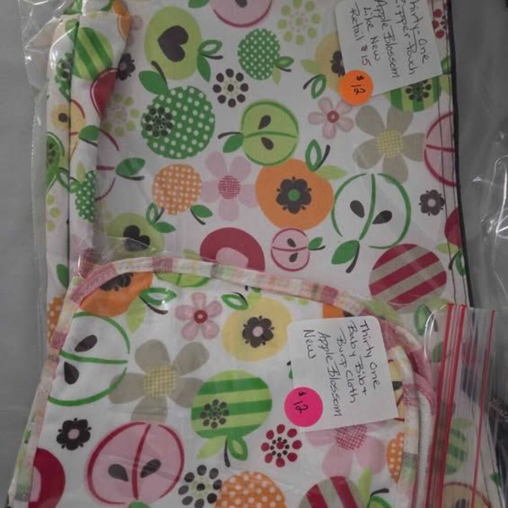 Thirty-one Apple Blossom zipper pouch, baby bib, and burp cloth